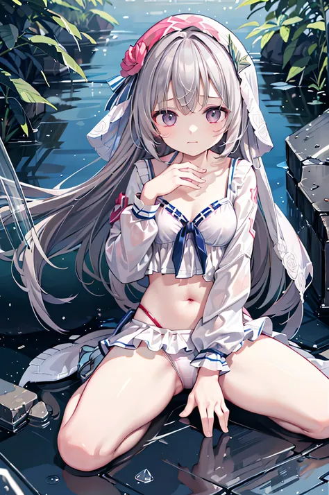 1girl,solo,masterpiece,best quality,(ultra-detailed),illustration,ray tracing,beautiful detail eyes,flying petals,realistic,(bikini:1.3),(frilled bikini bottom:1.2),(swimsuit:1.2),the veil with flower,flower garden,hikari \(arcaea\),arcaea,outdoors,silver ...