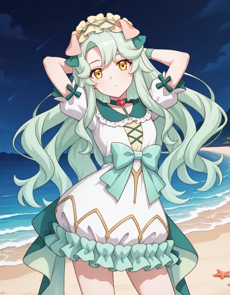 pcrprecia, animal ears, green hair, very long hair, yellow eyes, preciapcdef, beige hairband, frilled hairband, white dress, two-tone dress, frilled dress, green frills, green collar, green choker, heart choker, heart-shaped gem, jewelry, dress bow, puffy ...