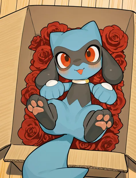 Riolu， quadruped，short hair,masterpiece, newest,absurdres, incredibly absurdres, bright eyes, detailed eyes, blush, laugh, head tilt， is unique ， white choker，in the box, in a container , indoor, Wooden floor, BOX WITH ROSES, box ，Lying position，Paw pads， ...