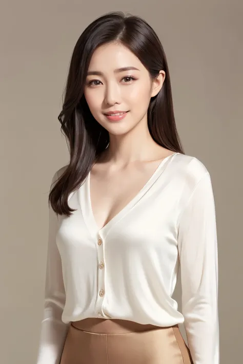 ( top quality、 table top、8k、  best quality key shooting 、 Award-winning work )、  1 beautiful woman、(white silk v-neck cardigan  :1.1)、(elegant light brown skirt :1.15)、perfect beauty portrait photo 、 Growing Skin  、she stands gracefully、( simple brown phot...