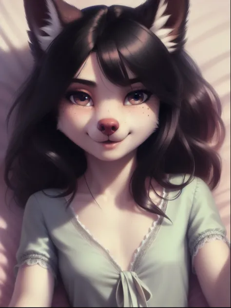 ((Realistic portrait, anthropomorphic dog, cute deep v neck blouse, 16yo)), flat chest, small breasts, anatomically correct, Schlank, Hochgeladen E621, detailed flauschige fur, (von Fluff-Kevlar, Iskra, personalami, wolfy-nail, Pino Daeni), realistic, ultr...