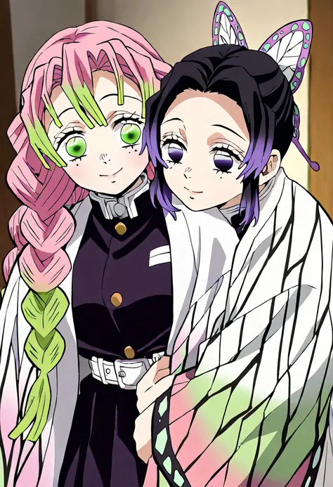 2 girls,  shinobu kochou และ  Mitsuri Kanroji , ( shinobu kochou, Two-tone hair,  black hair, purple hair, butterfly hair ornament,  purple eyes, Invisible ), ( Mitsuri Kanroji , Two-tone hair,  Pink Hair, Green Hair, Green Eyes, ), Hug each other warmly, ...