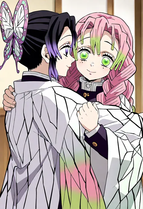 2 girls,  shinobu kochou และ  Mitsuri Kanroji , ( shinobu kochou, Two-tone hair,  black hair, purple hair, butterfly hair ornament,  purple eyes, Invisible ), ( Mitsuri Kanroji , Two-tone hair,  Pink Hair, Green Hair, Green Eyes, ), Hug each other warmly, ...