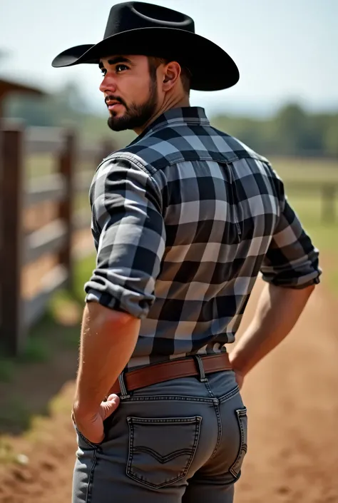  Realistic photograph , 35-year-old muscular (((athletic man))) , , View from below,  in profile, dark gray and white Oxford shirt de cuadros and very tight gray jeans, brown belt,  in profile, Big butt, viendo a cámara,  black eyes,, at the ranch, sexy ma...