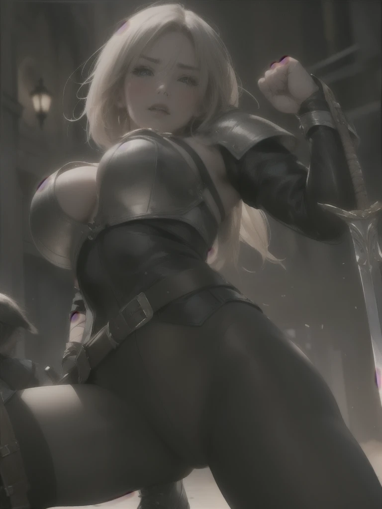 female fighter, (leather) armor, shame, blush, (dark pantyhose with pubic hair), sword, high boots, fighting, 