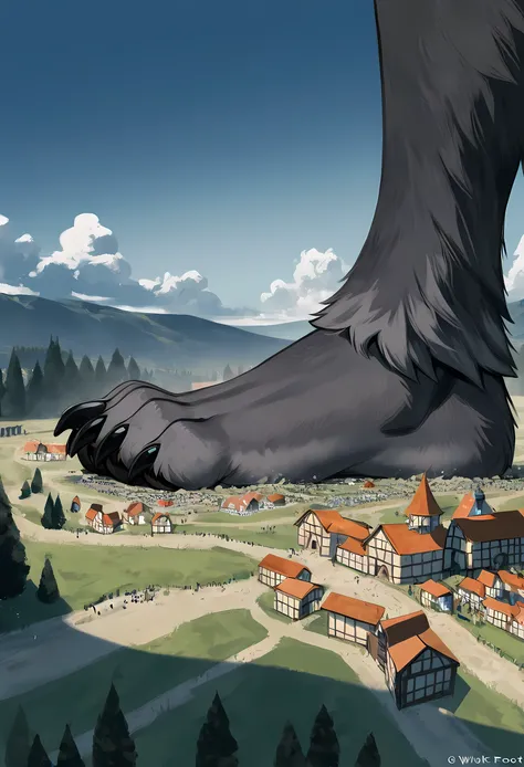 (macro size: 1.4), (medieval village from sky view: 1.2), (continent from sky view), (the front of a closeup wolf foot: 1.2), (ultra closeup of a wolf boys foot only: 1.3), (furry wolf boy: 1.1), robes, simple background, sitting on ground, (closeup of wol...