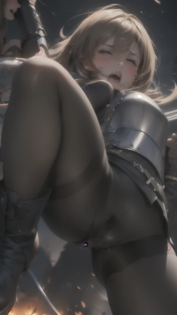 female fighter, (leather) armor, shame, blush, orgasm, (dark pantyhose with pubic hair), sword, high boots, fighting, 