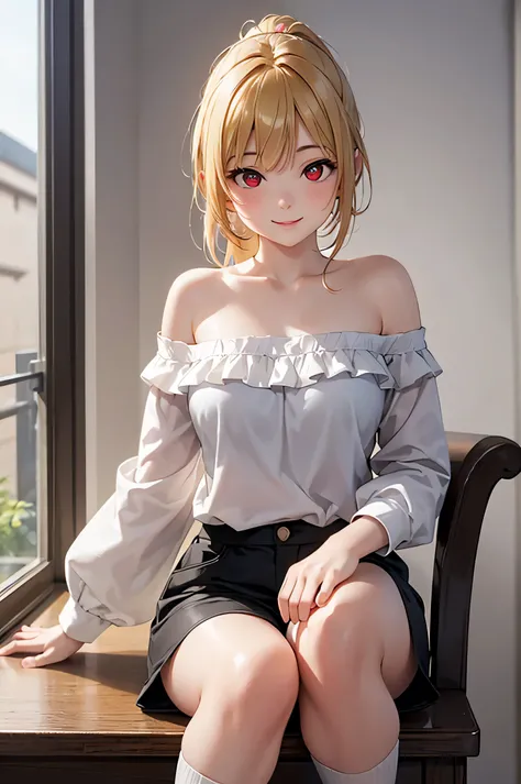  8k resolution,((Highest quality)),Ultra High Definition, Adult Female, alone,  sexy, ( smiles like they're teasing), (red eyes), beautiful symmetrical face, (blonde curled ponytail), white off-shoulder shirt,black shorts,knee-high socks,realistic:1.4,real...