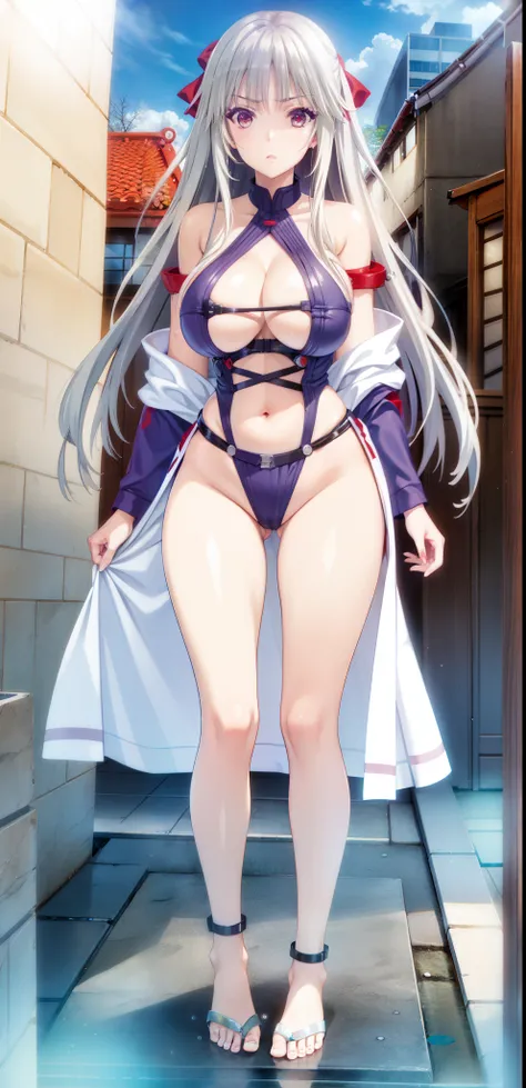 wife，  Big Breasts  ，exposed,    long hair，Small belly，纹胸，Big thighs ，Water Drops。Aho,bath towel，Purple Eyeshadow,barefoot，red eyes