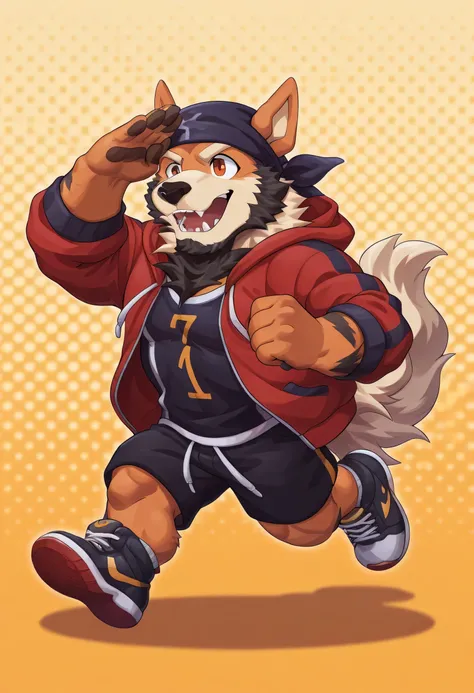 solo, 1boy, arcanine, black beard, furry, bara, orange eyes, (chibi:1.3), headscarf, sneakers, running, salute, blue open hoodie, black shorts, score_9, score_8_up, score_7_up