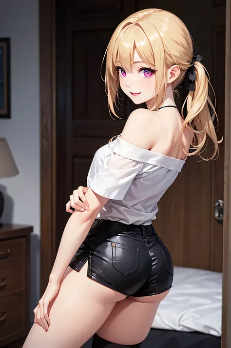  8k resolution,((Highest quality)),Ultra High Definition, Adult Female, alone,  sexy, (kind smile), (pink eyes), beautiful symmetrical face, (blonde curled ponytail), white off-shoulder shirt,black shorts,knee-high socks,realistic:1.4,realistic:1.4,(master...