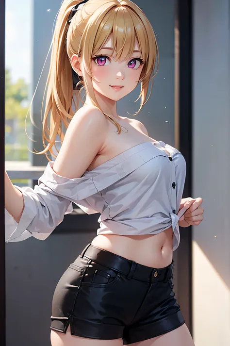  8k resolution,((Highest quality)),Ultra High Definition, Adult Female, alone,  sexy, (kind smile), (pink eyes,slender eyes), beautiful symmetrical face, (blonde curled ponytail), white off-shoulder shirt,black shorts,knee-high socks,realistic:1.4,realisti...