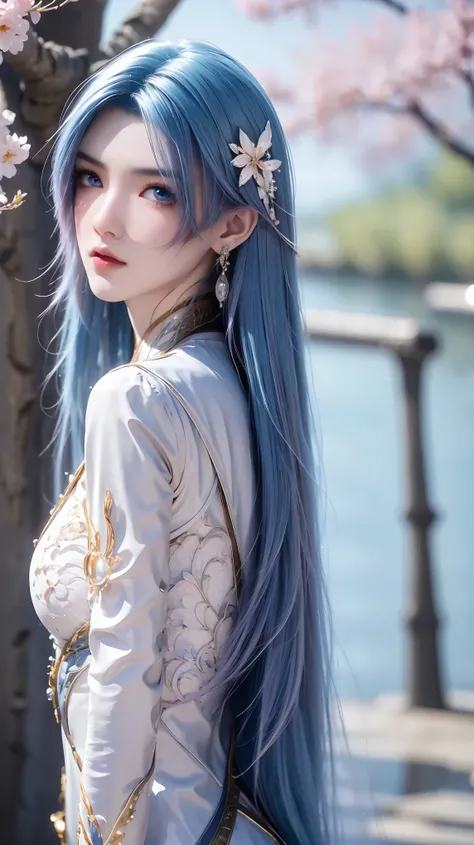 1girl, solo, blue hair, wearing black blue and white clothes, brown eyes, looking at the viewer, lips, standing, closed mouth, earrings, long sleeves, river, Sakura tree behind, 