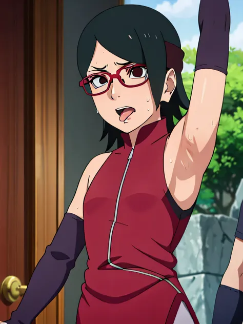 Sarada Uchiha,human woman with fair skin. She is a r with black eyes and red clothing. Her hair is black in color; She is beautiful.Wearing red rimmed glasses.Tsundere face. Pink eye shading,mature appearance,armpits,sweat,sweaty,sweaty armpits,arms up,s...