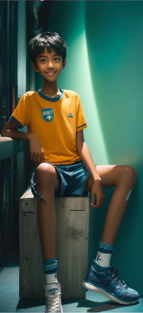 boy , , denim shorts ,sea blue t-shirt, big eyes, Super short hair ,full body shot ,A junior high school student, Toothy Smile,Night sky background,colorful high-top shoes,High definition sharpen lines