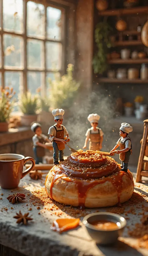 A hyper-realistic miniature scene featuring tiny bakers dressed in rustic aprons and chef hats, working meticulously on a freshly baked cinnamon roll with glossy caramel drizzle. Some stand on ladders, carefully spreading the icing, while others sprinkle c...