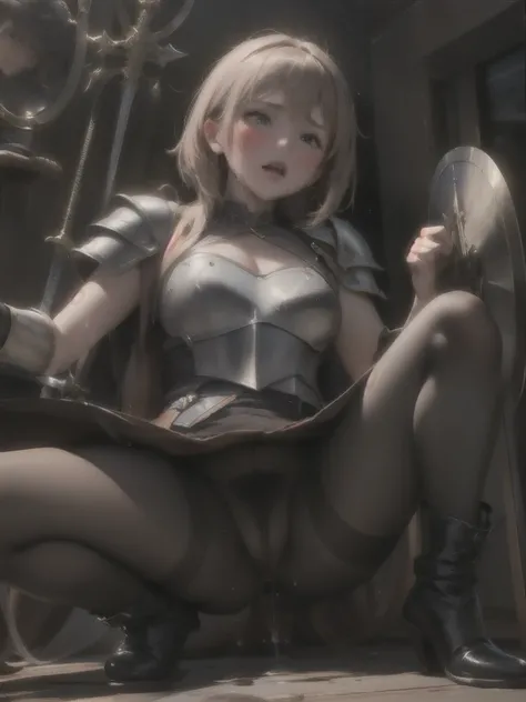 (stylized oil painting), female fighter, (leather) armor, shame, blush, (dark pantyhose with pubic hair), focus on her pubic, sword, shield, high boots, leaking pee, 