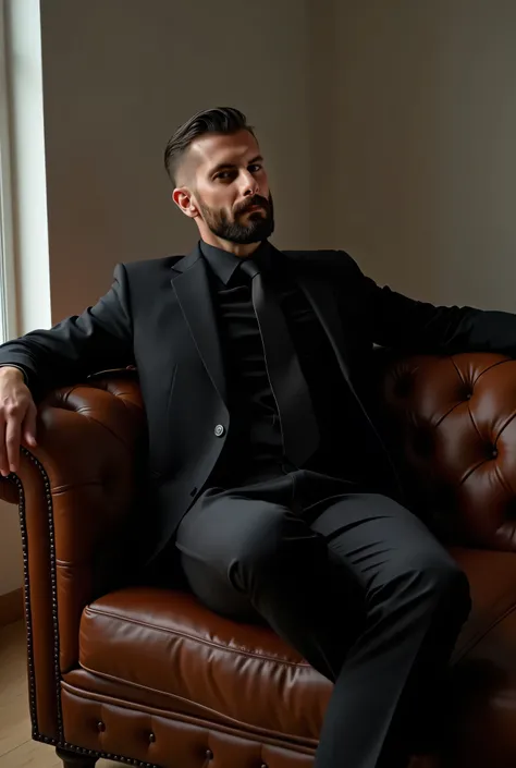 Use the model from the attached photo as a reference and create a realistic image of the model from the photo wearing a black suit, , black shirt and black tie in a studio with natural light lying full body on a leather tufted sofa..