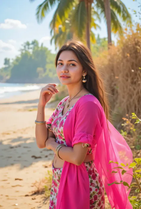 24 year girl in Indian village not modern village rural vibe wearing pink gujrati dress on goa beach
