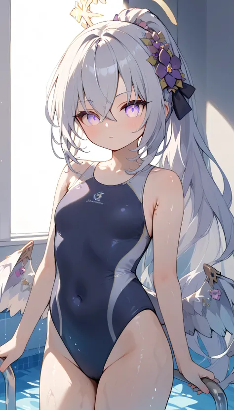 Azusa (blue archive),purple eyes,white hair,long hair,Wings,hair flower,halo, Alone,  showing eyebrows from inside the hair , hair between eyes,viewers after shaving armpit hair, masterpiece, Highest quality, very aesthetic, thick thighs, standing　trinitys...