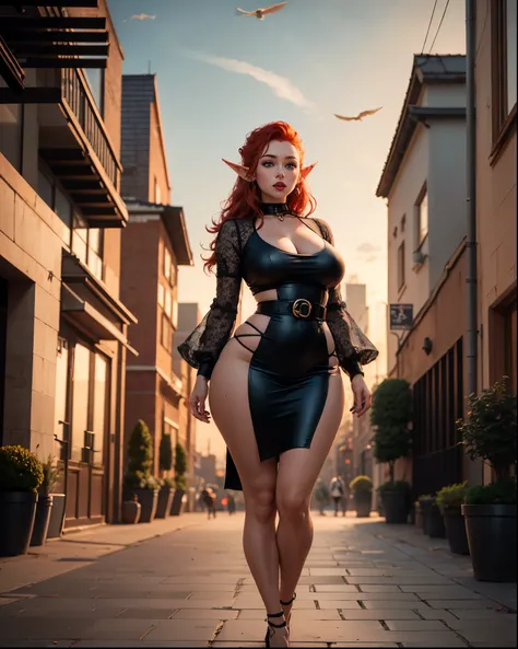 Short chubby female elf with crimson hair, wearing a modern black dress with sheer sleeves. She is standing in a modern city courtyard. Elf female. Chubby body shape. Chubby waist. human face. Pointy ears. Short in height. large breasts. wide hips. long cr...