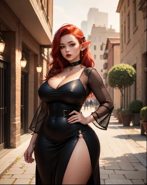 Short chubby female elf with crimson hair, wearing a modern black dress with sheer sleeves. She is standing in a modern city courtyard. Elf female. Chubby body shape. Chubby waist. human face. Pointy ears. Short in height. large breasts. wide hips. long cr...