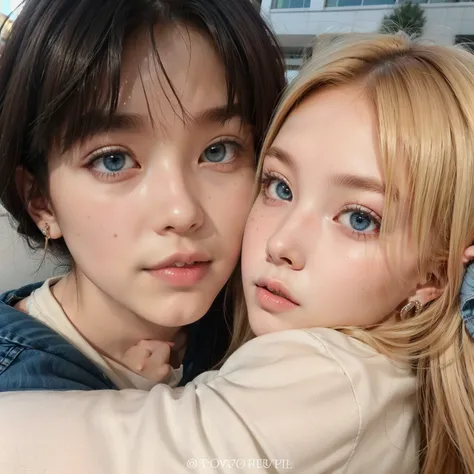 On the left Hyunjin from Stray s and on the right Young Attractive Sexy Russian Woman,  18 years old,  cute baby face , blue eyes, (panties, small, tight denim shorts:1.2), Big breasts,  light blond hair , long hair, earrings, ( Sitting on a bench on the p...