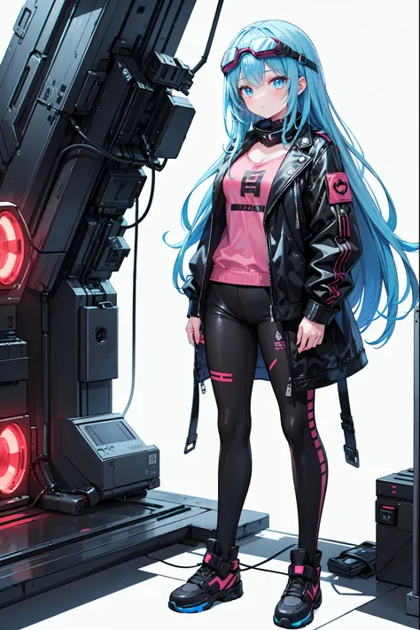 High quality, masterpiece, full body, standing, one girl, long blue hair, detailed beautiful hair and eyes, leather jacket with LED pattern, cyberpunk, cyber goggles, neon fashion, tech wear, white background,simple background