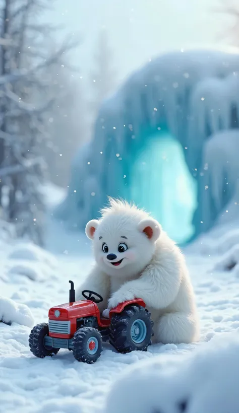 A peaceful snowy valley, with an ice cave entrance glowing softly in the background. In the foreground, a cute white fluffy yeti  sits on the snow, happily playing with a red-and-blue mini tractor. His thick fur is slightly ruffled by the cold wind. Snowfl...