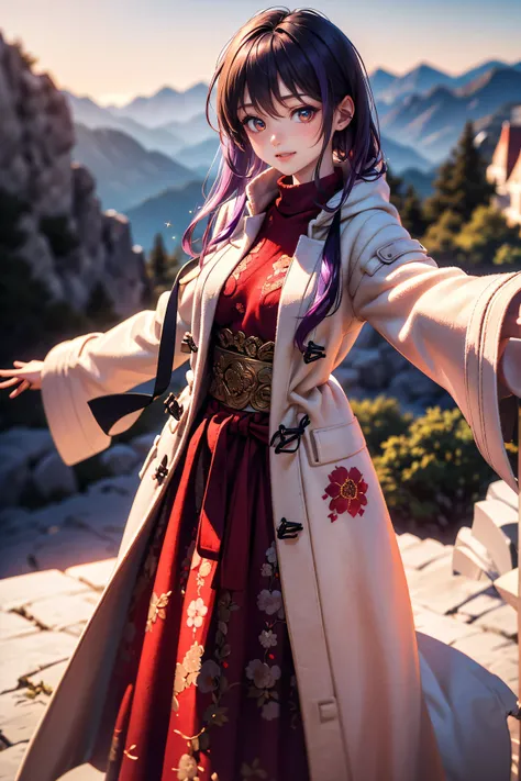 Highest quality, 8K, highest quality, masterpiece, ((High school girl with crimson eyes)), ((Crimson eyes)), ((Sparkling, detailed eyes)), beautiful eyes, ((Long silver and purple hair)), ((Translucent, smooth, white skin)), ((Shiny skin)), ((Small breasts...