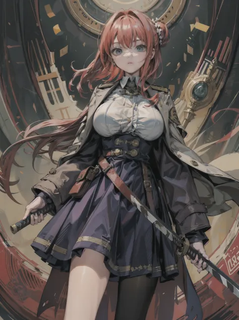 cowboy shot, large breasts, narrow waist, red hair, short hair, wavy hair, half updo, military uniform coat, equipped broad katana, skirt, dress shirt, admiral, military uniform, trench coat,