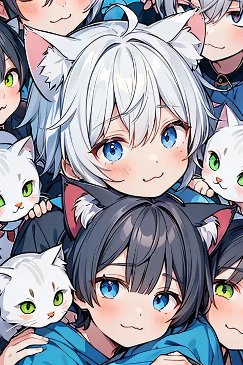 ((5 or more boys with cat ears:1.15)),((:3:1.3)),(smile:1.15),((A lot of cats are piled up:1.25)),((A lot of cats showed up:1.3)),((cat paradise:1.25)),(perfect face:1.2),((various hair colors:1.2))