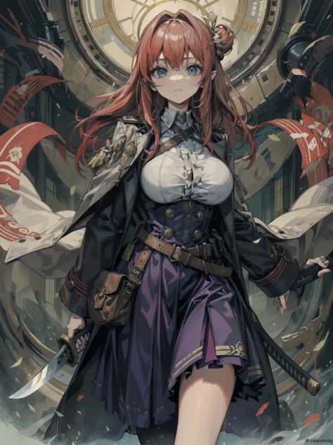 cowboy shot, large breasts, narrow waist, red hair, short hair, wavy hair, half updo, military uniform coat, equipped broad katana, skirt, dress shirt, admiral, military uniform, trench coat,