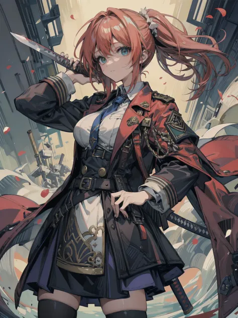 cowboy shot, large breasts, narrow waist, red hair, short hair, wavy hair, half updo, military uniform coat, equipped broad katana, skirt, dress shirt, admiral, military uniform, trench coat,