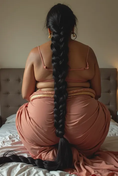 Side view, a tall 50 year old plus size chubby extremely hourglass figured giantess indian Telugu woman, doing squats excercise for Big buttocks, on bed, Big ass visible through saree, she is wearing body tight transparent saree, big ass visible in skin ti...