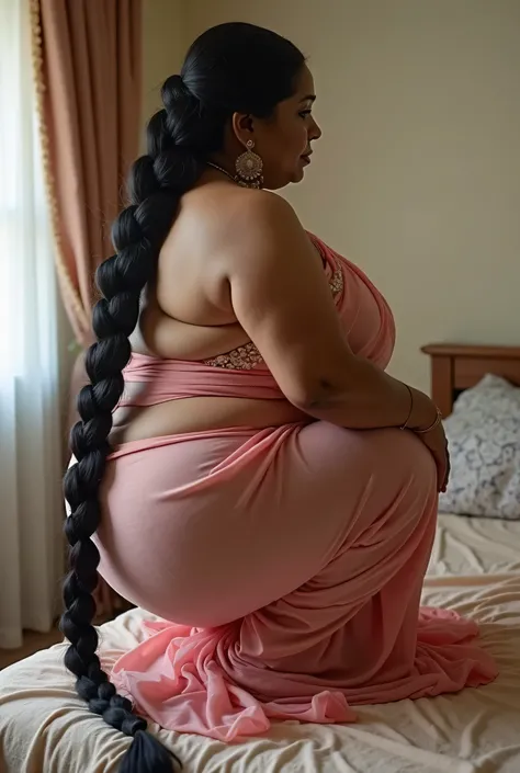 Side view, a tall 50 year old plus size chubby extremely hourglass figured giantess indian Telugu woman, doing squats excercise for Big buttocks, on bed, Big ass visible through saree, she is wearing body tight transparent saree, big ass visible in skin ti...