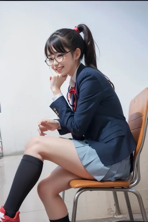  white wall background,Side view of a  female middle school student sitting on a chair,navy blue blazer, red student ribbon of a smiling Taiwanese, gray pleated mini skirt,navy blue knee-high socks,Sneakers,I look at this and laugh,black hair ponytail,glas...