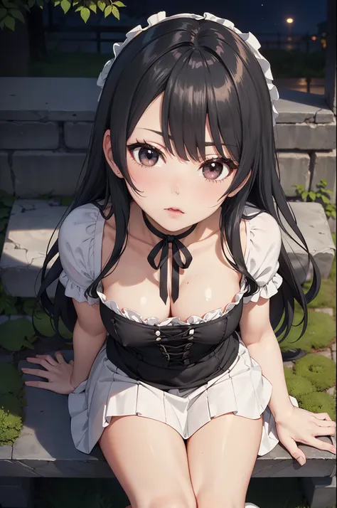 masterpiece, Anime Style, A young girl, sitting on a stone bench , (seen from above). pretty face, surprised expression, mouth shut, (((intense blush on her cheeks))), Long Black Hair, detailed eyes,  black eyes,  choker : 1.6, ((Victorian style dress in r...