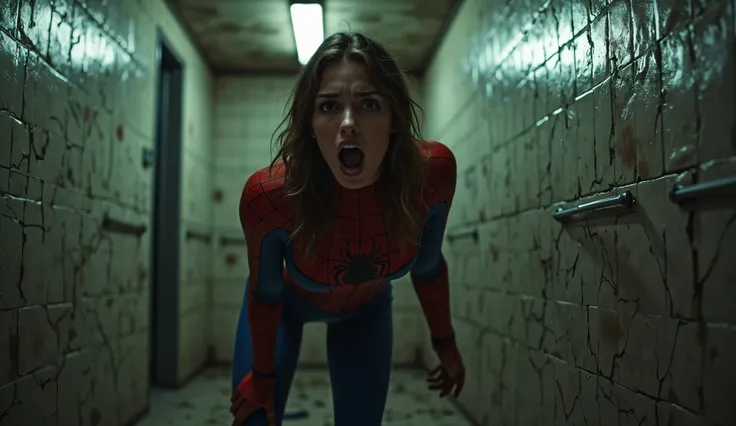 1 Sexy Spiderman Cosplay Girl Is Scared In An Abandoned Public Toilet
