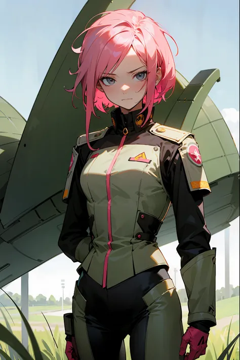 An adult female standing in a grassy planes with futuristic buildings in the background there are futuristic buildings and he wears a military uniform he holds a calm expression and has messy sharp pink hair and grey eyes , detailed generation, masterpiece...