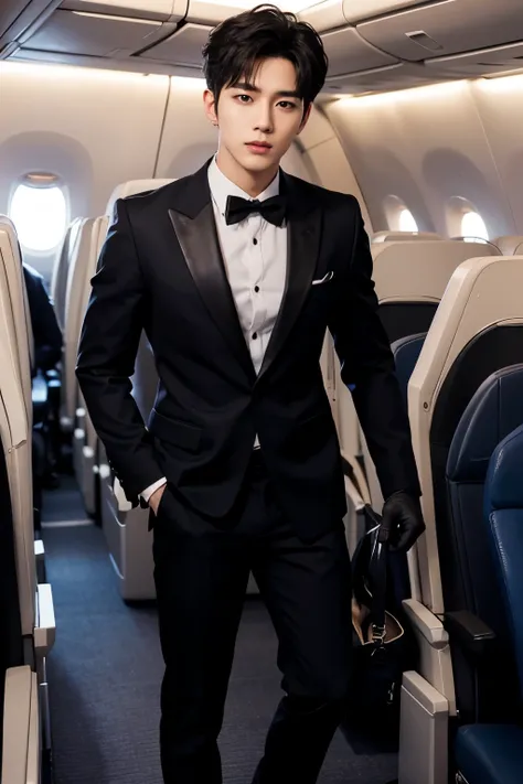 A slim muscular, Full body shot of a handsome K-pop male idol in a black suit and leather gloves. have sex in the first class of an airplane.sexy.try to rape.realistic high quality .intricate detail face , ultra high res, uhd