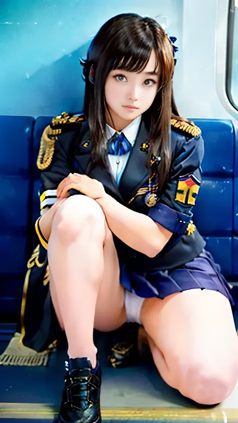 An anime-style image of Yoshitaka Yuriko posing on a train, Mini skirt and white panties、Azur Lane style,  Tiny Curvy Girl,  Realistic , Fine details.  girls frontline , bewitching anime girls, from  girls frontline , Ayaka Cosplay, anime girl is crouching...