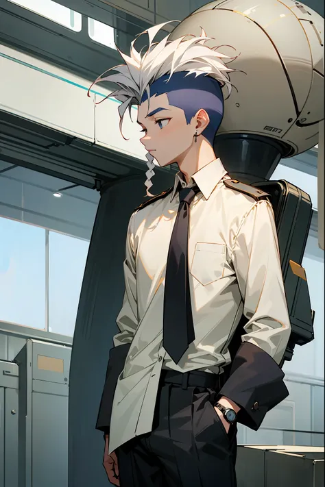 An adult male standing in military base wearing a white collared shirt with rolled up sleeved and tie , he has white undercut curly mohawk hair and has a futuristic watch , masterpiece quality , detailed generation 