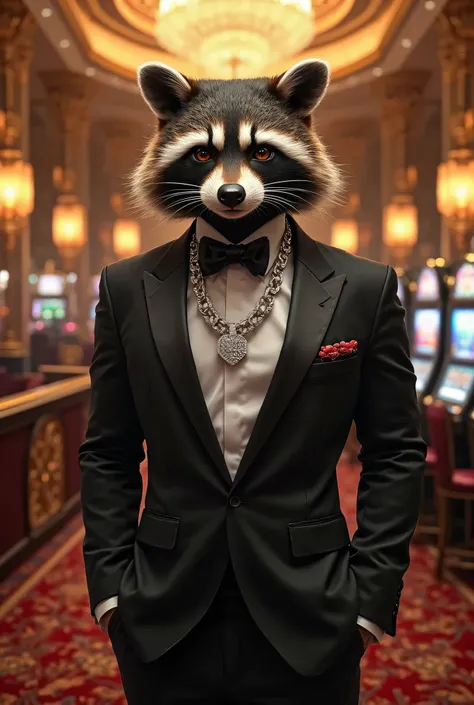 A raccoon man dressed in a tuxedo and diamond chain in a casino 