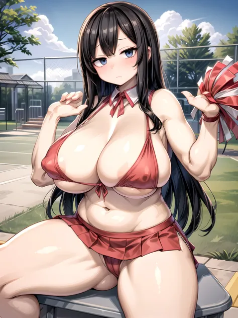 1 person.long hair.  black hair.droopy eyes.Alluring. mature woman . cheerleader. neck slit .Highly exposed skin. MYSTERIOUS WOMAN .(huge sagging boobs:1.3), hypo. troubled face.Unlucky. school playground.Open your legs,raise your hand.