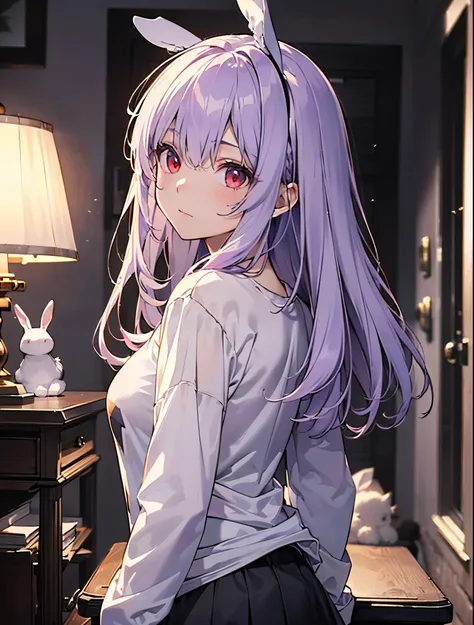 realistic,Highest quality, Super Detail, high quality CG rendering,  THE MOST DELICATE AND BEAUTIFUL ,  floats softly, High Resolution, (1 girl), (Highest quality,4K,8k,masterpiece:1.2), ( light purple hair:1.5),( pretty long hair:1.5),(red eyes:1.5),(Rabb...