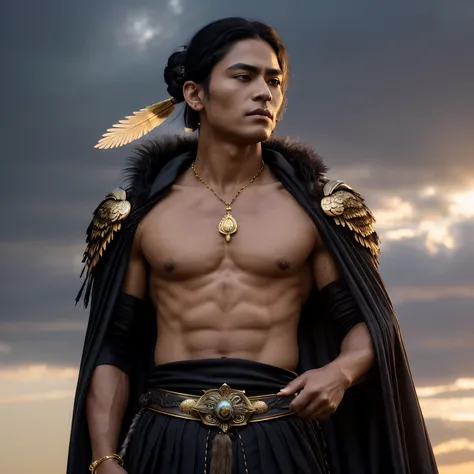 (masterpiece, best quality, ultra-detailed, hyper-realistic, 8K UHD, ray tracing, cinematic lighting),  
Sukunabikona, a divine small god from Japanese mythology, perched atop a majestic glowing golden Black kite (Gold Falcon), soaring through the twilight...