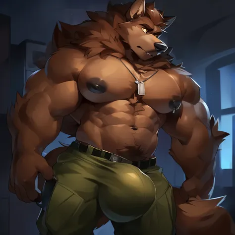 Solo, anthro, male (((wolf, yellow eyes, black pupils, broad shoulders, muscular, huge pecs, abs, black nipples, brown body, brown fur, brown hair, long hair, dark brown abdomen, dark brown chest, dark brown neck, dark brown snout, brown inner ear, black n...