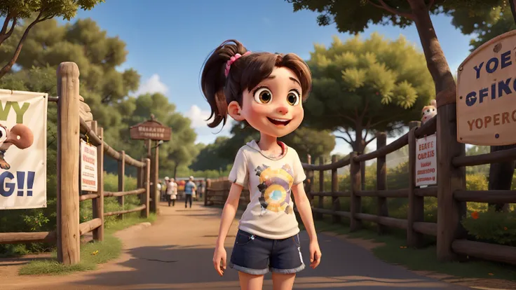 A cheerful  girl with bright eyes and a ponytail, holding her parents' hands, entering a lively zoo. The entrance has colorful banners, and other visitors are seen in the background. The girl looks excited as she sees animal enclosures ahead."