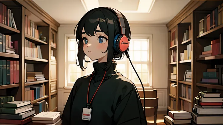 Girl with headphones, retro, in a room, books